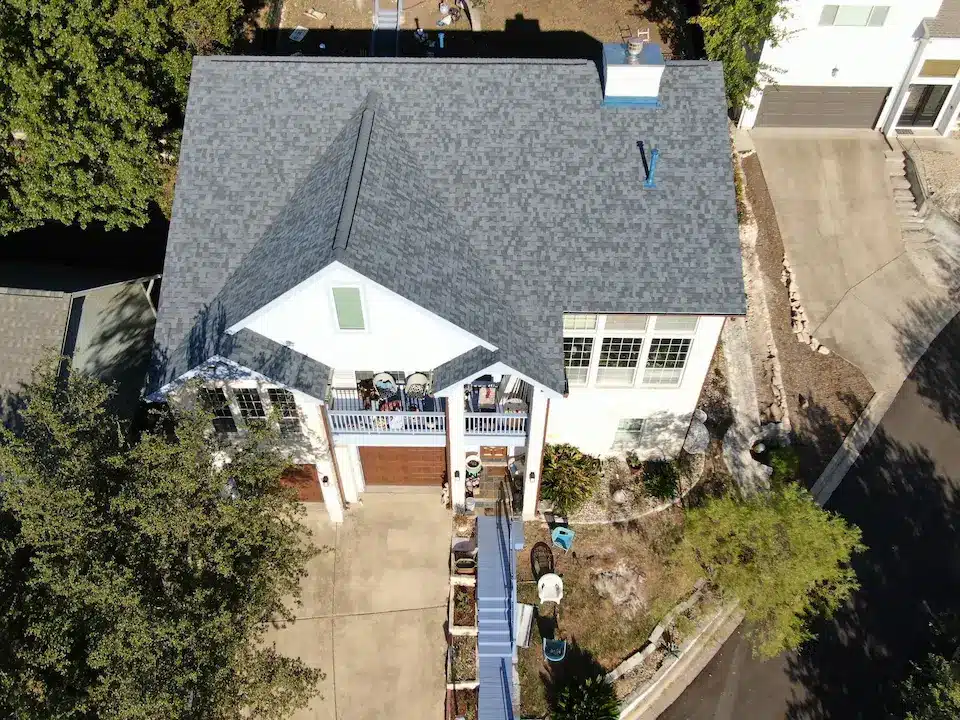 Newly installed asphalt shingle roof in Austin after a complete down-to-the-deck replacement.